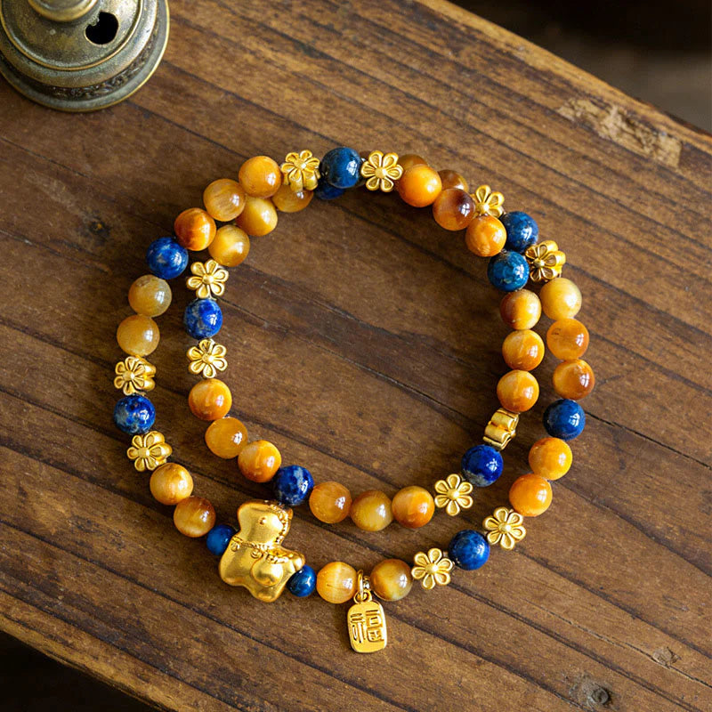 Buddha Stones Year Of The Horse Fu Character Lazurite Lapis Lazuli Tiger Eye Serenity Double Wrap Bracelet