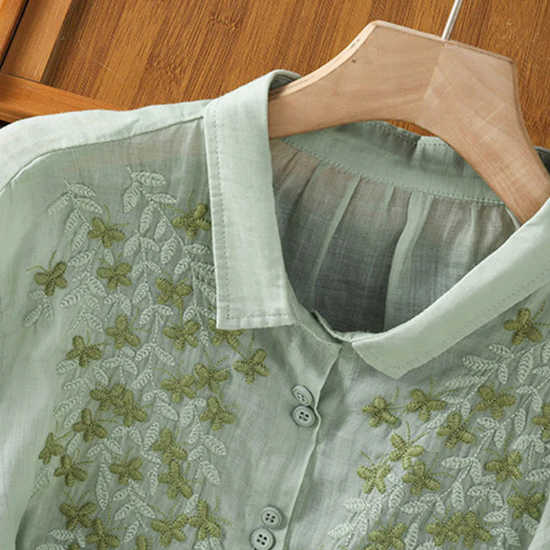 Buddha Stones Casual Plant Embroidery Stand Collar Women's Cotton Blend Three Quarter Sleeve Shirt