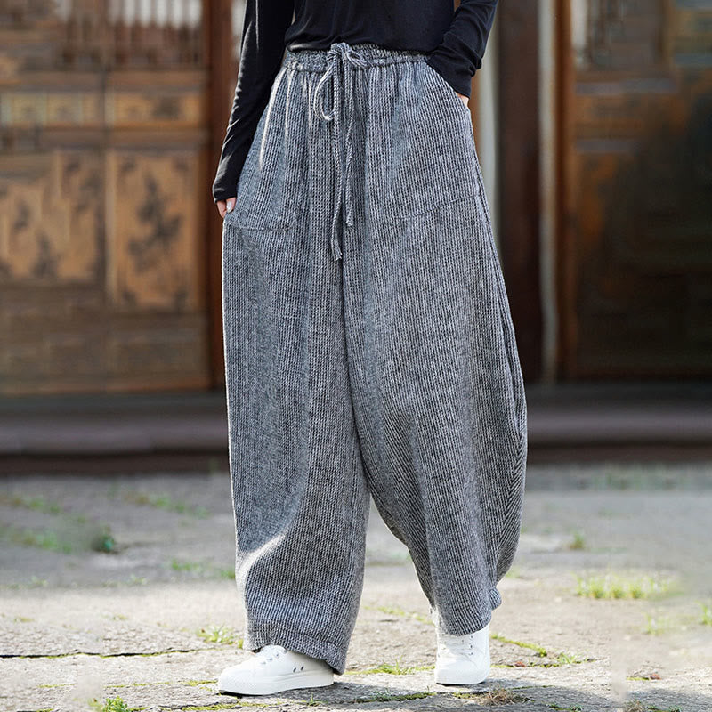 Buddha Stones Winter Men's Pure Color Drawstring Design Cotton High Waist Pants With Pockets