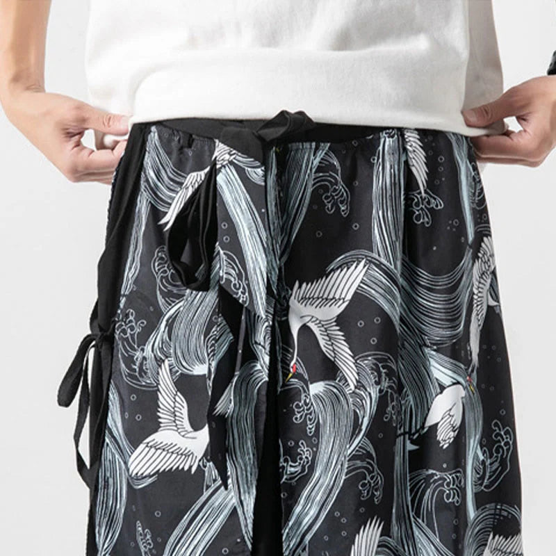 Buddha Stones Summer Flying Crane Design Cotton Men's Wide Leg Pants With Pockets