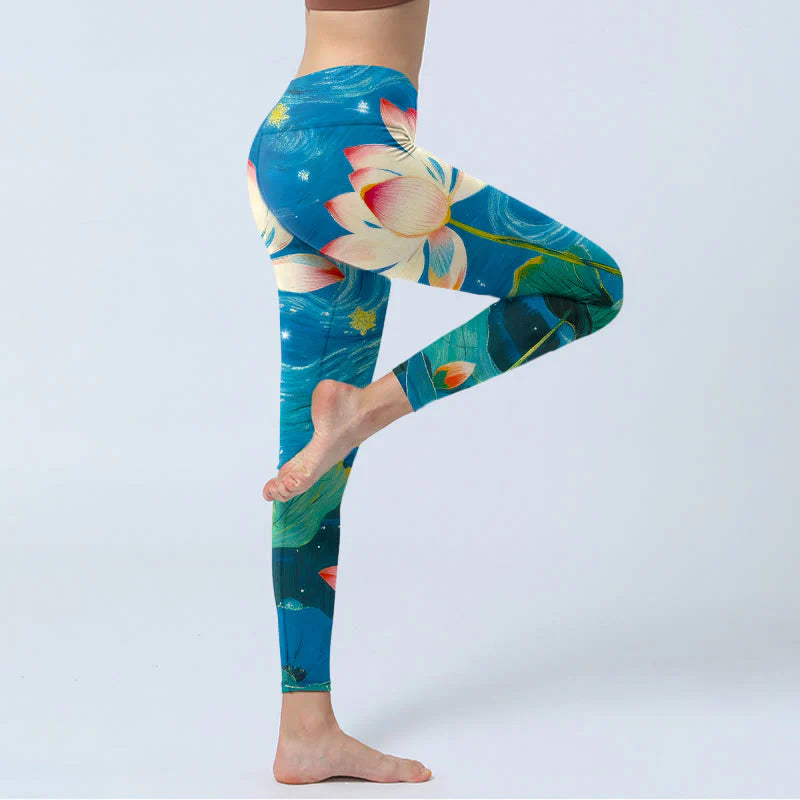 Buddha Stones Lotus Flowers Starry Sky Pattern Print Gym Leggings Women's Yoga Pants