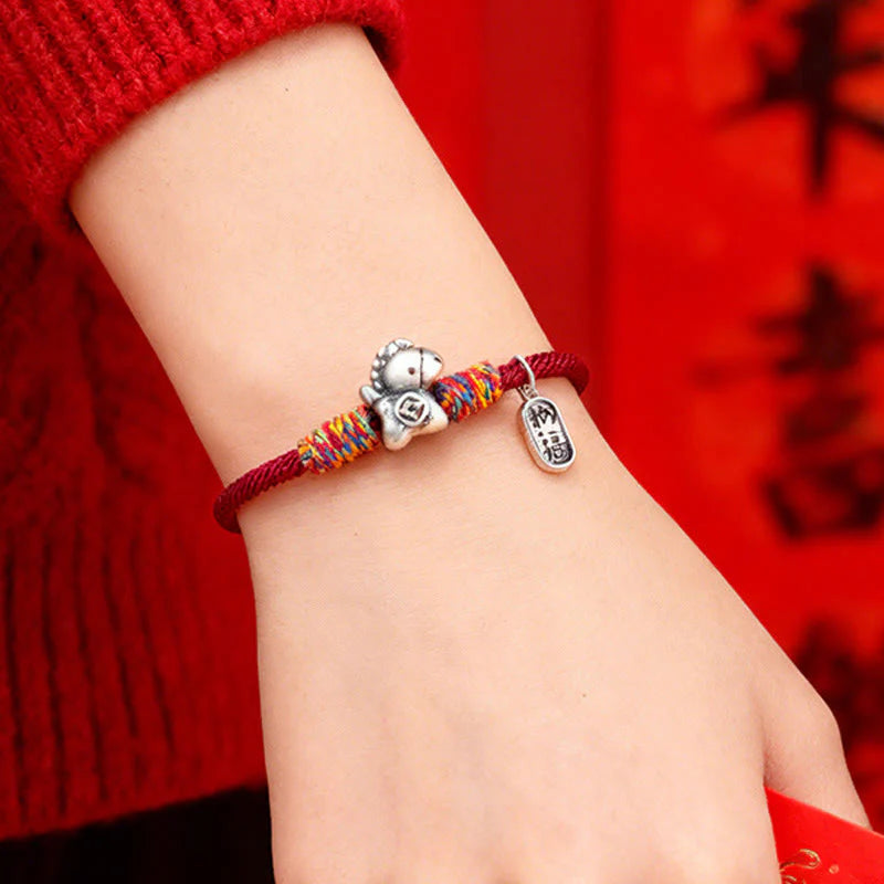 Buddha Stones 999 Sterling Silver Year Of The Horse Fu Character Attract Fortune String Rope Luck Bracelet