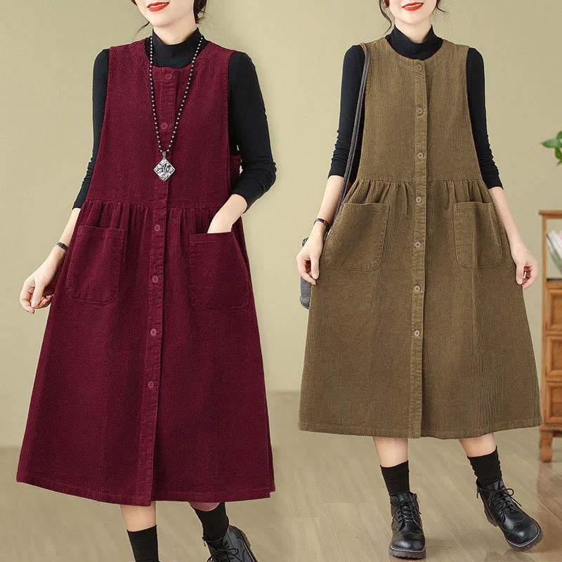 Buddha Stones Fall Retro Buttons Design Corduroy Sleeveless Midi Dress With Pockets