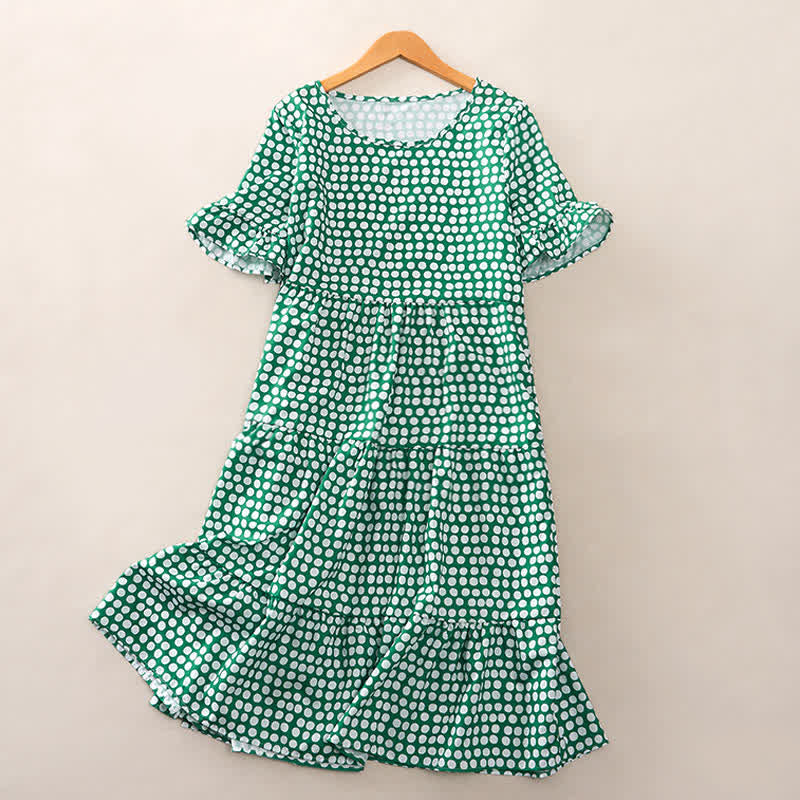 Buddha Stones Summer Elegant Polka Dot A Line Ruffle Hem Short Sleeve Knee Length Dress
