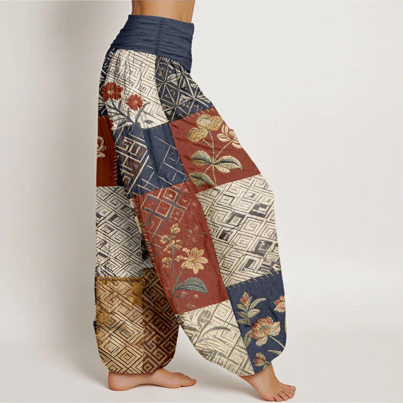Buddha Stones Cotton Color Blocking Design Flower Geometry Pattern Women's Elastic Waist Harem Pants