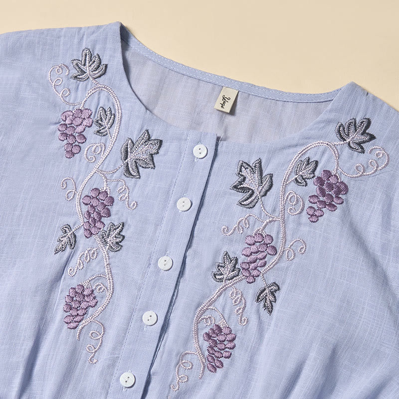 Buddha Stones Summer Grape Vine Embroidery Lace-up Design Short Sleeve Midi Dress With Pockets
