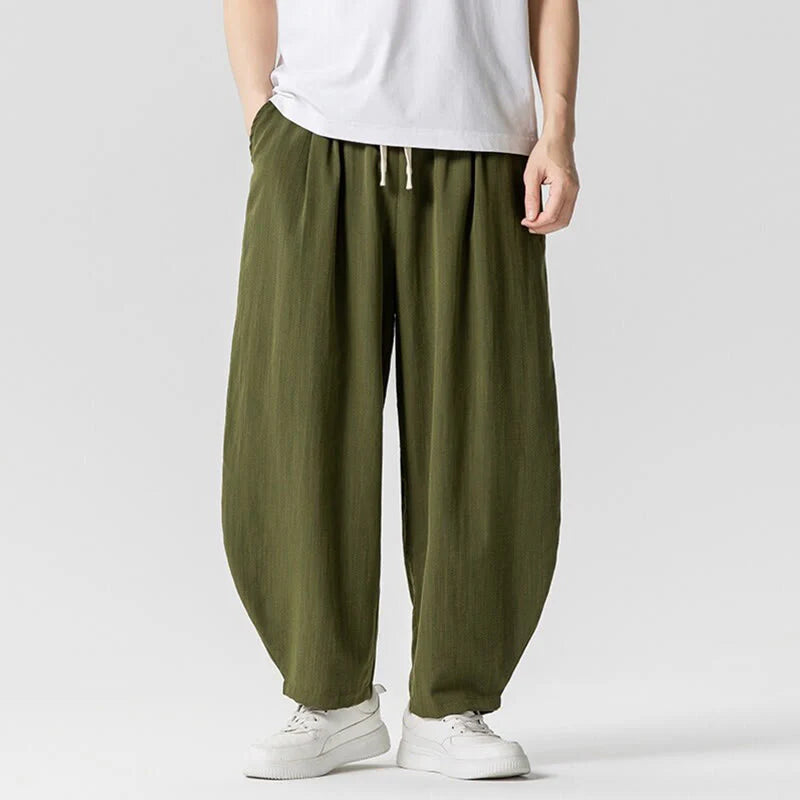 Buddha Stones Summer Pure Color Drawstring Men's Cotton Ankle-Length Pants With Pockets
