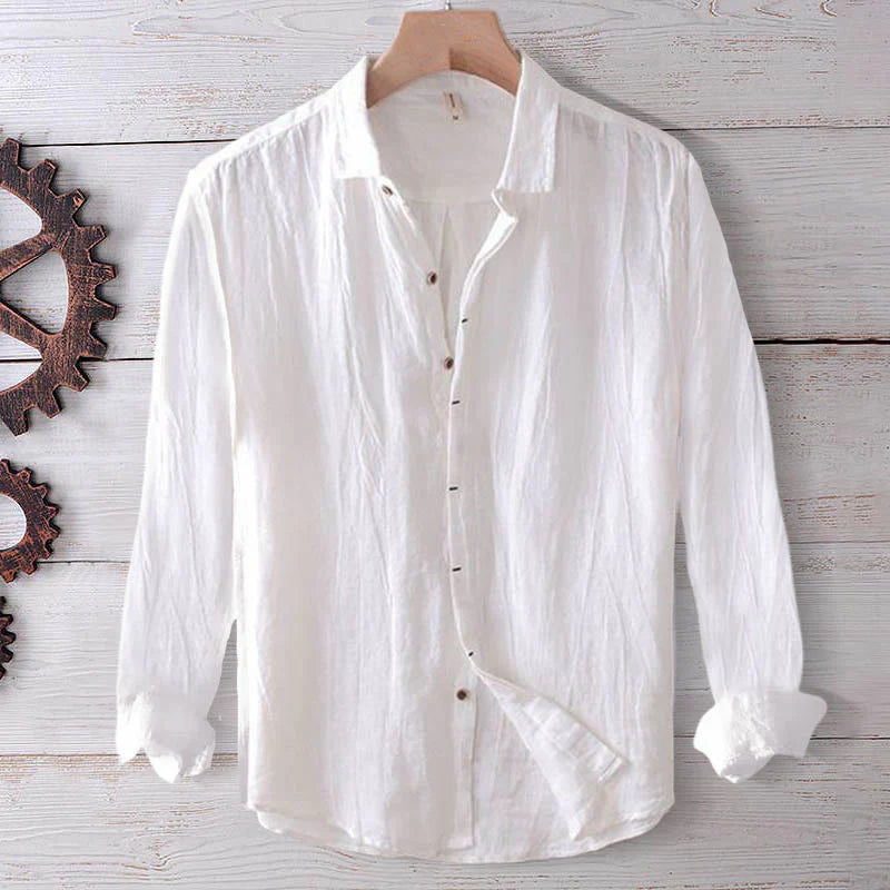 Buddha Stones Men's Shirt Solid Color Lapel Top Long Sleeve Comfy Button Crease Cotton Linen Shirt