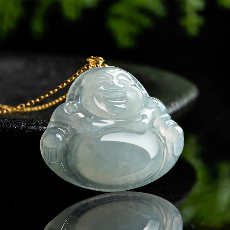 Buddha Stones Laughing Buddha Natural Jade Abundance Titanium Steel Chain Necklace Pendant