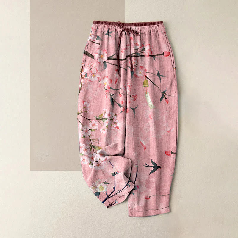Buddha Stones Cotton Casual Peach Blossoms Flying Geese Pattern Women's Elastic Waist Pants With Pockets