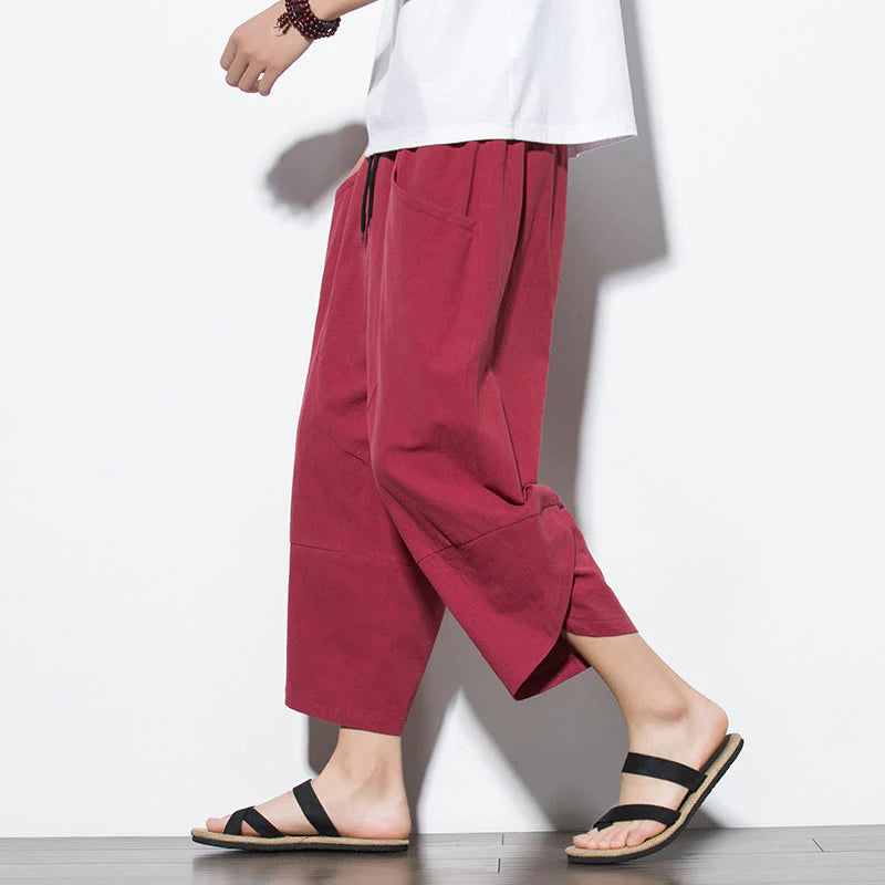 Buddha Stones Summer Men's Solid Color 7-8 Length Cotton Linen Drawstring Pants With Pockets