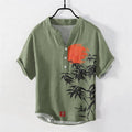 Buddha Stones Cotton Simple Red Sun Bamboo Pattern Men's Short Sleeve Half Button Shirt