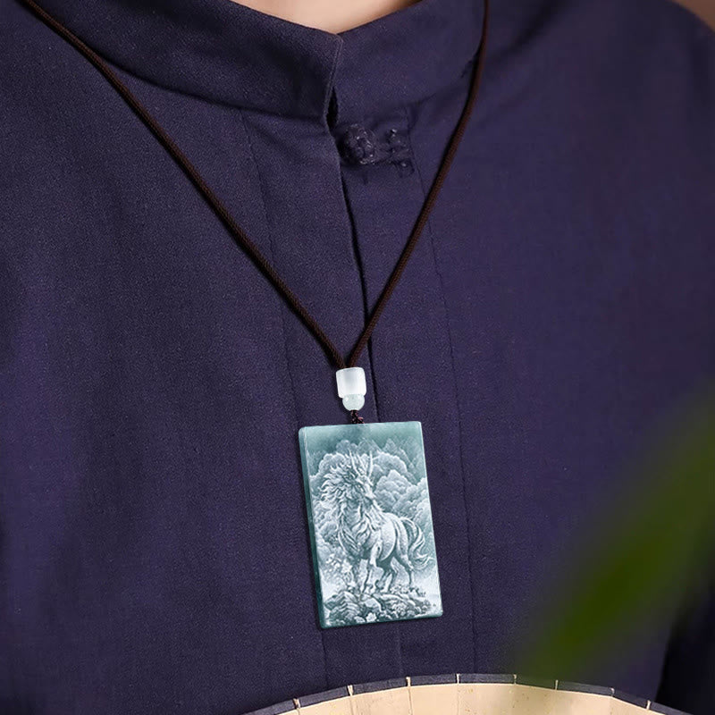 Buddha Stones Year Of The Horse Chinese Zodiac Engraving Jade Abundance Necklace Pendants