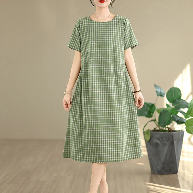 Buddha Stones Commute Plaid Pattern Simple Design Cotton Linen Short Sleeve Midi Dress With Pockets