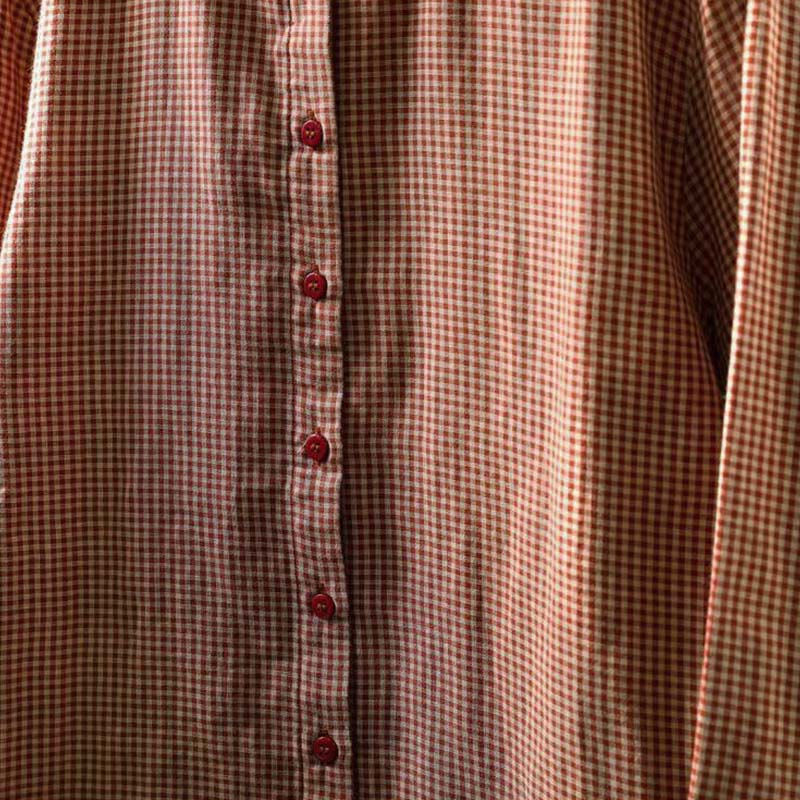 Buddha Stones Fall Tiny Plaid Button Down Ruffle Collar Long Sleeve Women's Cotton Shirt