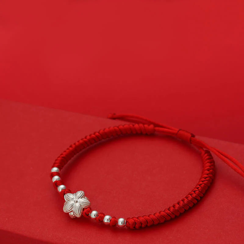 Buddha Stones 999 Sterling Silver Lotus Symbol 990 Sterling Silver Bead Red String Luck Bracelet