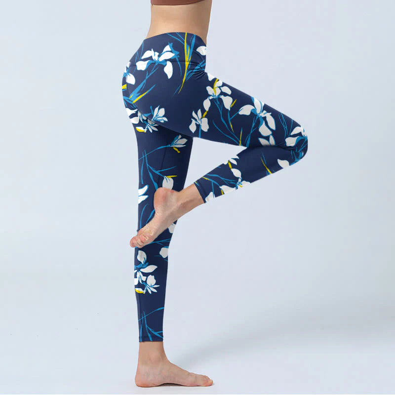 Buddha Stones White Blossom Leaves Pattern Print Gym Leggings Women's Yoga Pants