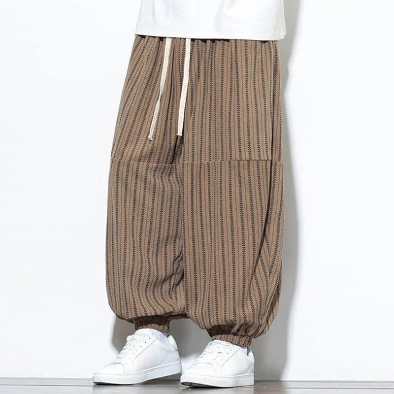 Buddha Stones Fall Striped Pattern Drawstring Men's Harem Corduroy Pants With Pockets