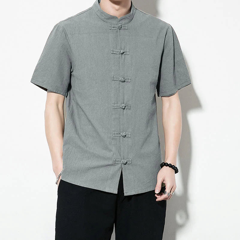 Buddha Stones Casual Solid Color Front Frog Buttons Chinese Tang Suit Short Sleeve Linen Men's Shirt