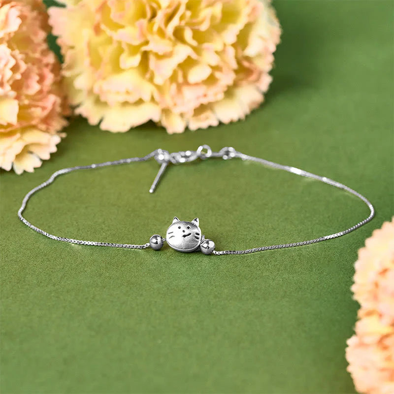 Buddha Stones 925 Sterling Silver Mini Cat Blessing Chain Bracelet
