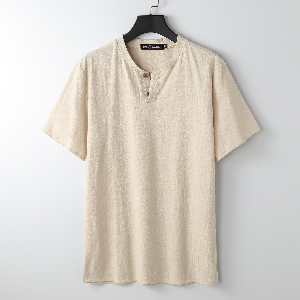 Buddha Stones Loose Men's T-shirt Solid Color Top Short Sleeve Button Notched Neck Soft Shirt