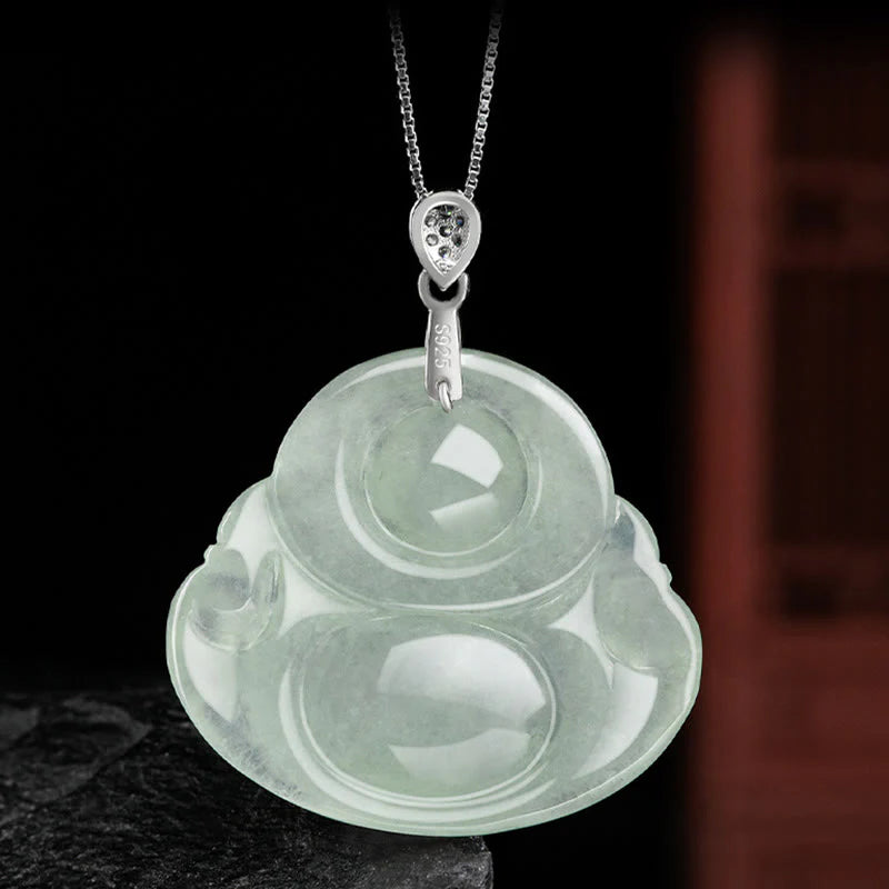 Buddha Stones Natural Jade Laughing Buddha Prosperity Abundance Titanium Steel Chain Necklace Pendant