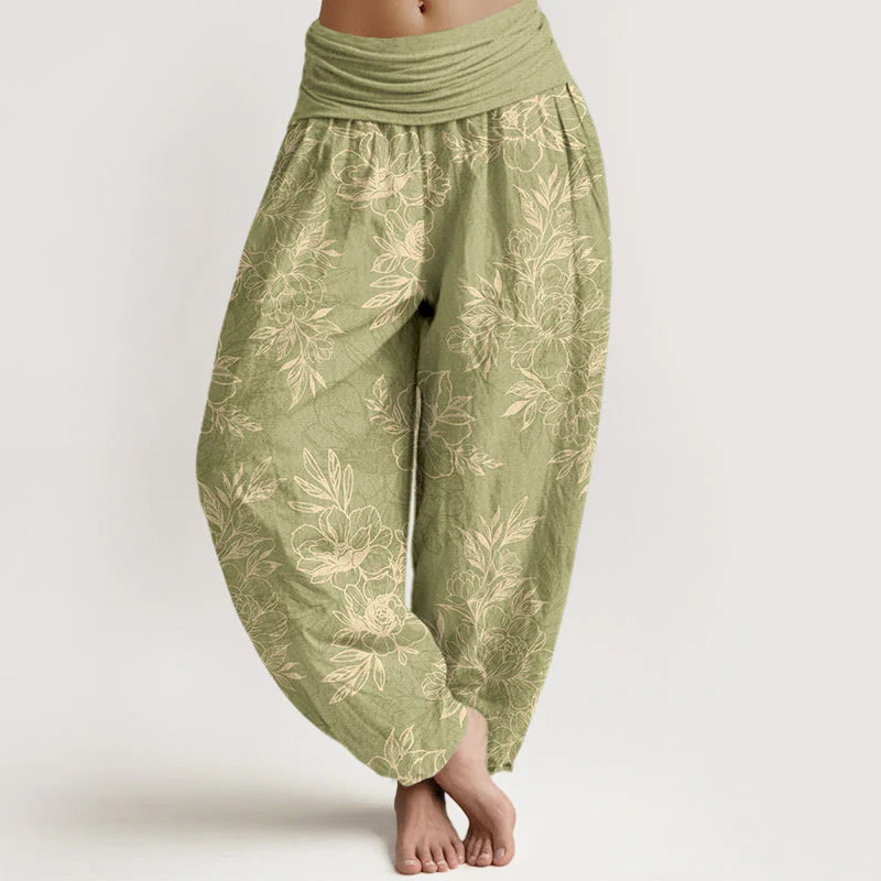 Buddha Stones Cotton Complicated Flowers Leaves Pattern Women's Elastic Waist Harem Pants