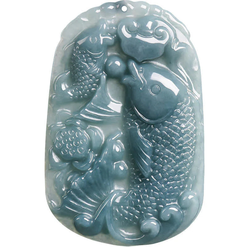 Buddha Stones Natural Jade Carving Double Koi Fish Rope Prosperity Necklace Pendant