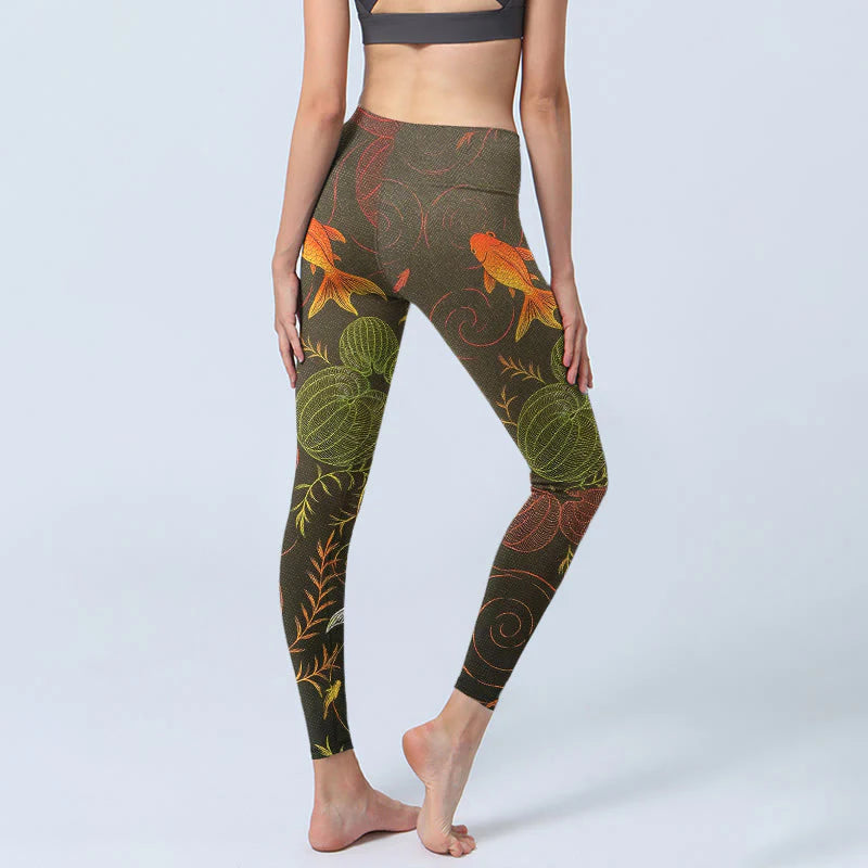 Buddha Stones Colorful Koi Fish Water Ripples Plant Pattern Print Gym Leggings Women's Yoga Pants