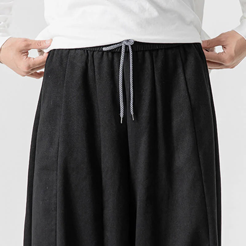 Buddha Stones Winter Commute Plain Drawstring Design Men's Wide Leg Cotton Pants With Pockets