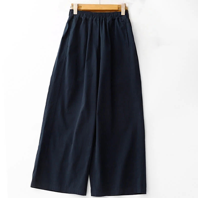 Buddha Stones Spring Commute Solid Color High Waist Women's Wide Leg Cotton Linen Pants With Pockets
