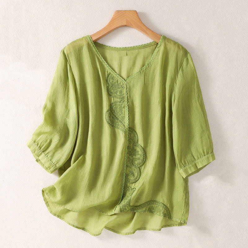 Buddha Stones Casual Embroidered Pattern Women's V-neck Design Half Sleeve Cotton Linen T-shirt