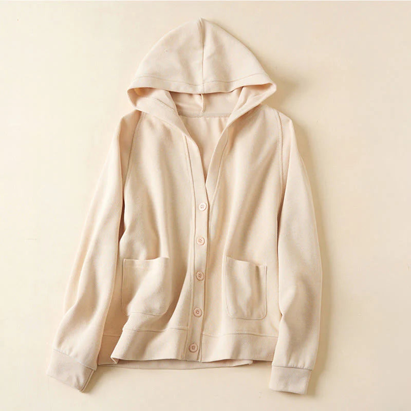 Buddha Stones Plain Buttons Women's Cotton Hooded Jacket With Pockets