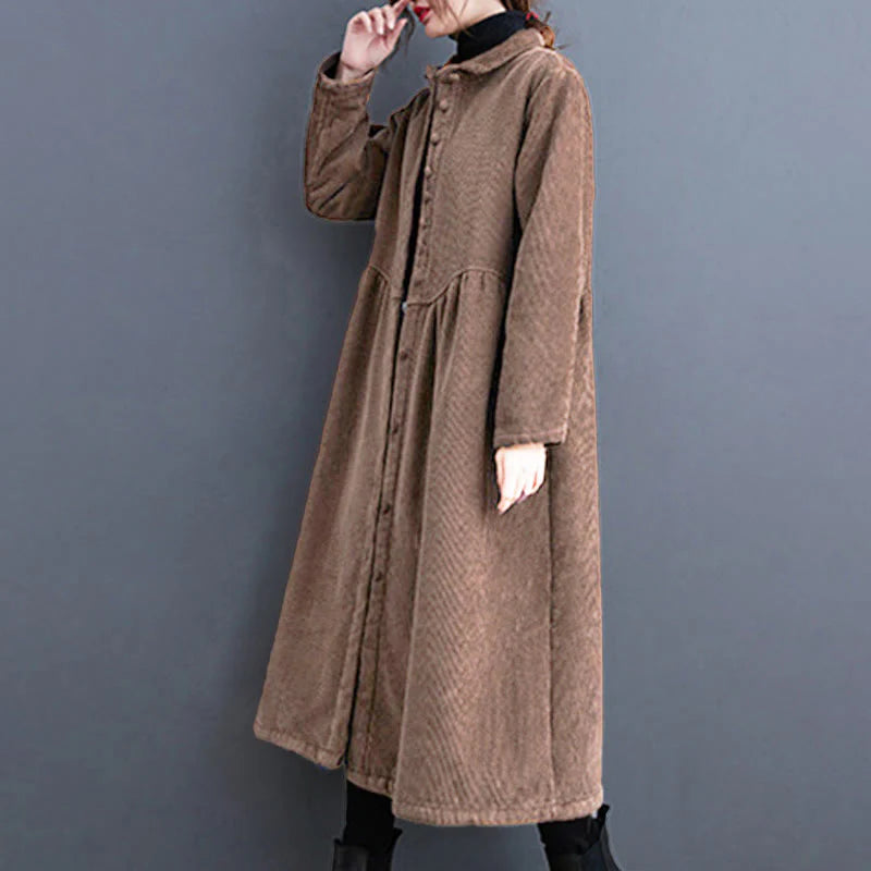 Buddha Stones Plain Buttons Long Sleeve Women's Cotton Corduroy Fleece-Lined Coat With Pockets