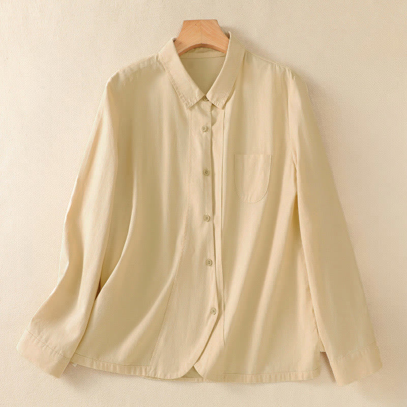 Buddha Stones Spring Lapel Long Sleeve Plain Women's Cotton Buttons Shirt With Pockets