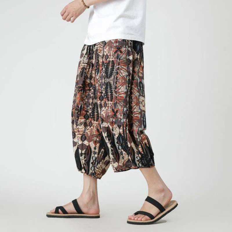 Buddha Stones Summer Square Patchwork Elephant Mandala Geometry Cotton Linen Men's 7-8 Length Pants With Pockets