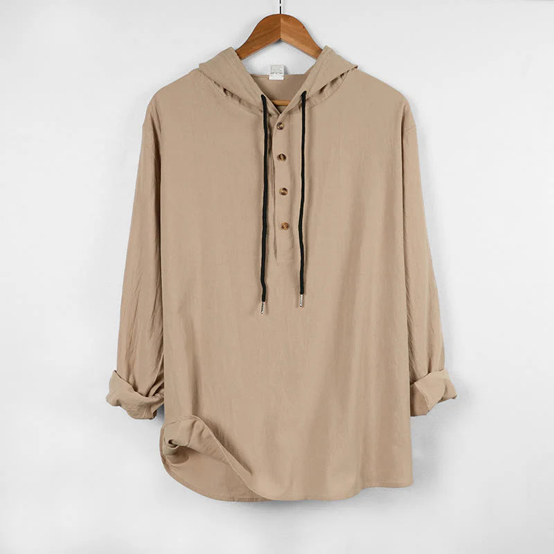 Buddha Stones Solid Color Fall Half Buttons Men's Hooded Long Sleeve Cotton Shirt