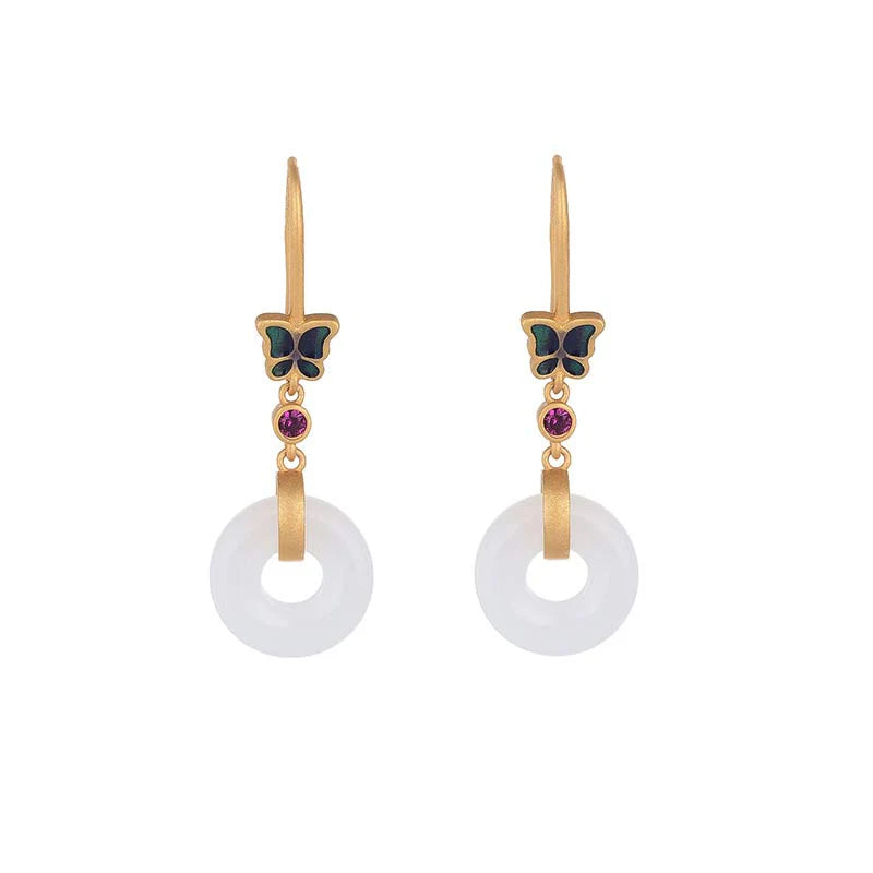 Buddha Stones FengShui White Jade Butterfly Fortune Earrings