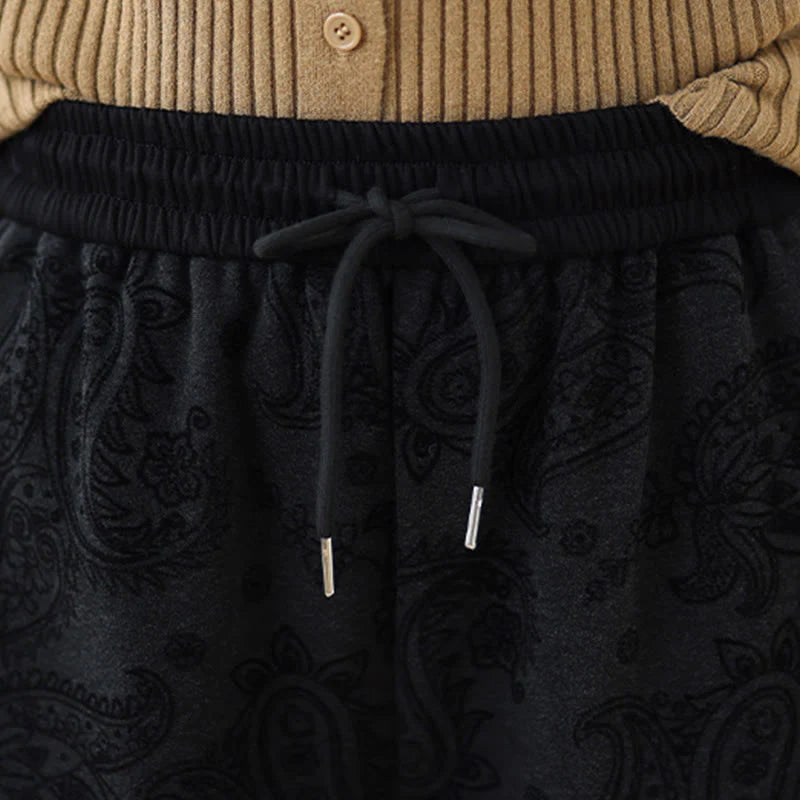 Buddha Stones Jacquard Paisley Pattern Women's Wide Leg Thermal Fleece-Lined Cotton Pants With Pockets