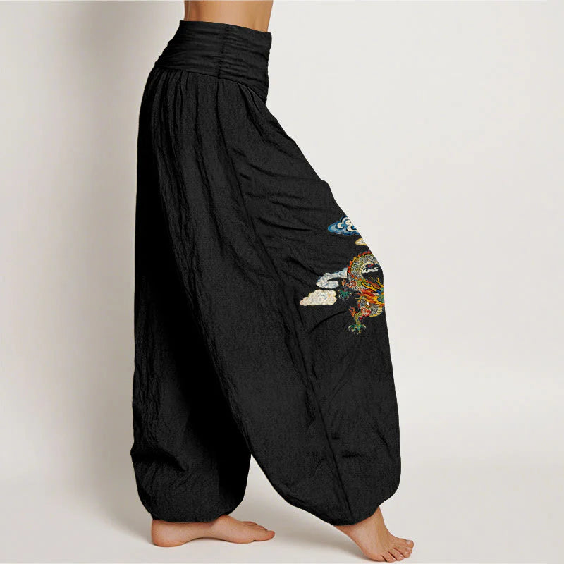 Buddha Stones Pure Cotton Colorful Dragon Cloud Pattern Women's Elastic Waist Harem Pants