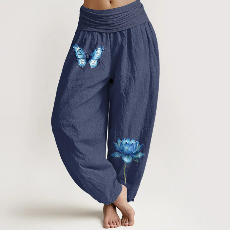 Buddha Stones Pure Cotton Dreamy Butterfly Lotus Pattern Women's Elastic Waist Harem Pants