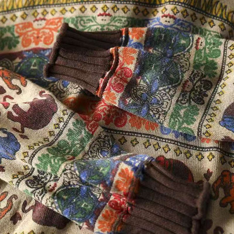 Buddha Stones Fall Elephant Pattern Knitted Cotton Women's Long Sleeve Sweater With Pockets