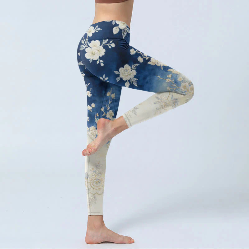 Buddha Stones Elegant Refined Flower Pattern Print Gym Leggings Women's Yoga Pants