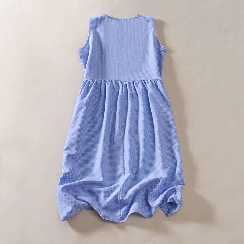 Buddha Stones Summer Coral Gingham Sleeveless A Line Vacation Casual Knee Length Dress With Pockets