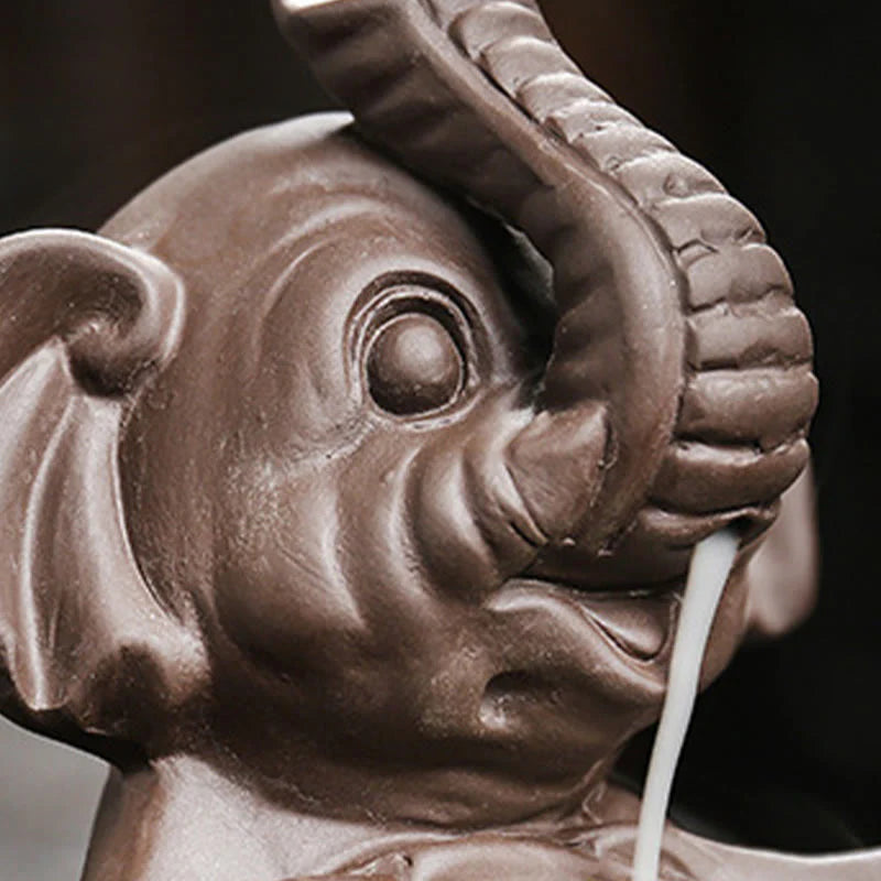 Buddha Stones Little Elephant Holding Leaf Purple Clay Backflow Smoke Fountain Healing Incense Burner Decoration
