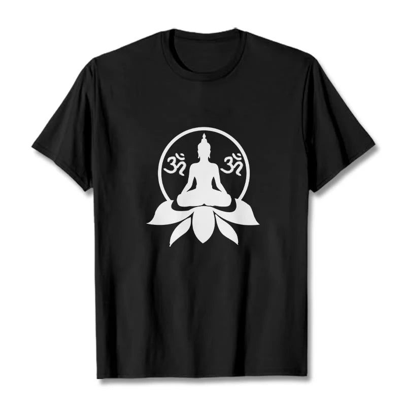 Buddha Stones OM Symbol Sanskrit Mantras Buddha Seated On Lotus Flower Design Tee T-shirt