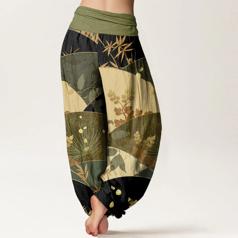 Buddha Stones Cotton Semicircle Leaves Pattern Women's Elastic Waist Harem Pants