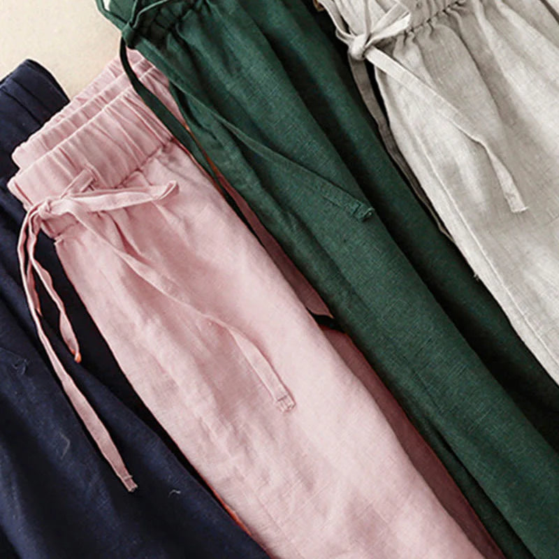 Buddha Stones Summer Elastic Waist Women's Capri Cropped Wide Leg Pants With Pockets