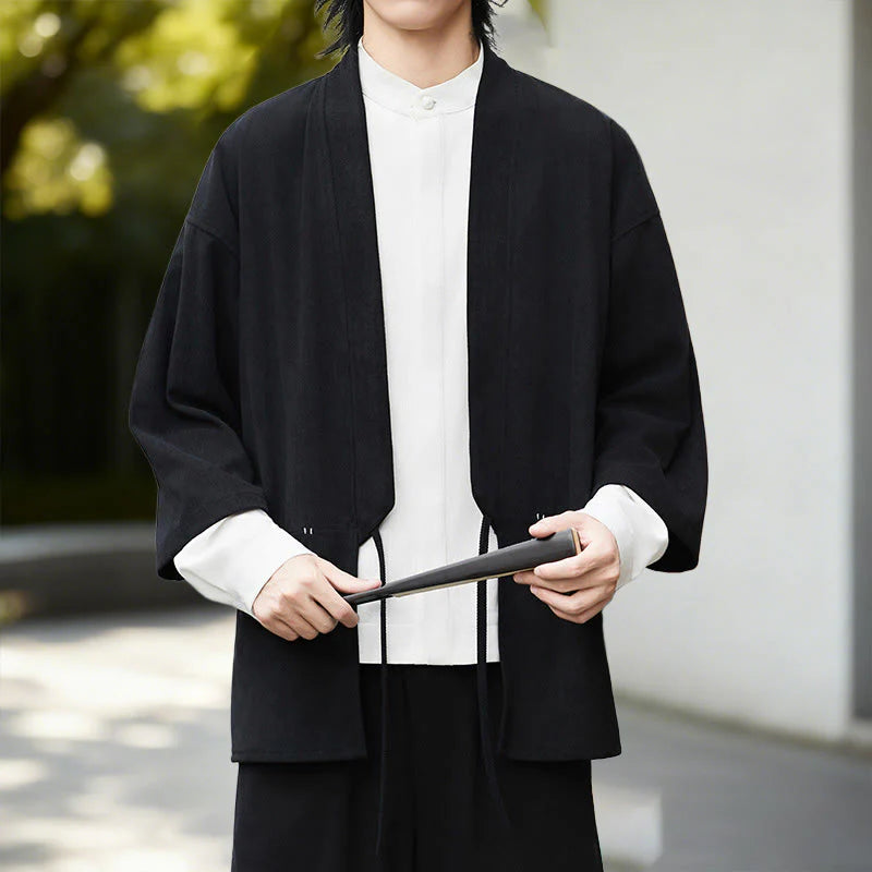 Buddha Stones Fall Solid Color White Men's Long Sleeve Cotton Linen Shirt Corduroy Kimono