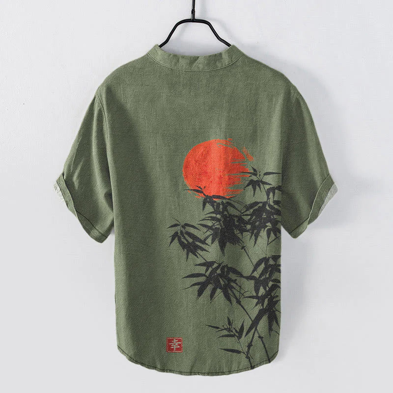 Buddha Stones Cotton Simple Red Sun Bamboo Pattern Men's Short Sleeve Half Button Shirt